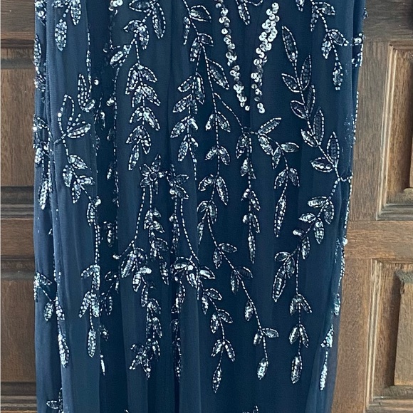 MARINA Midnight Blue Gown with Silver Beaded Leaf Design - Picture 8 of 8